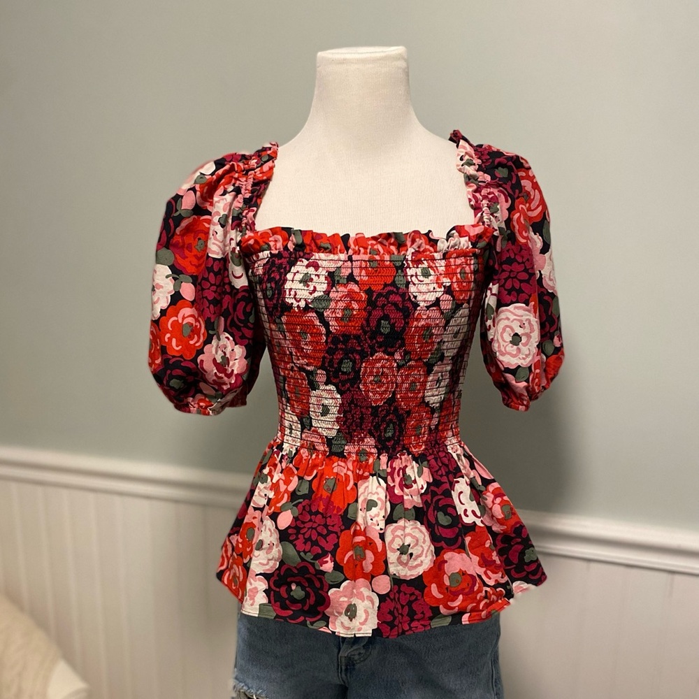 Kate Spade Rosette Blooms floral smocked puff sleeve blouse top size XS